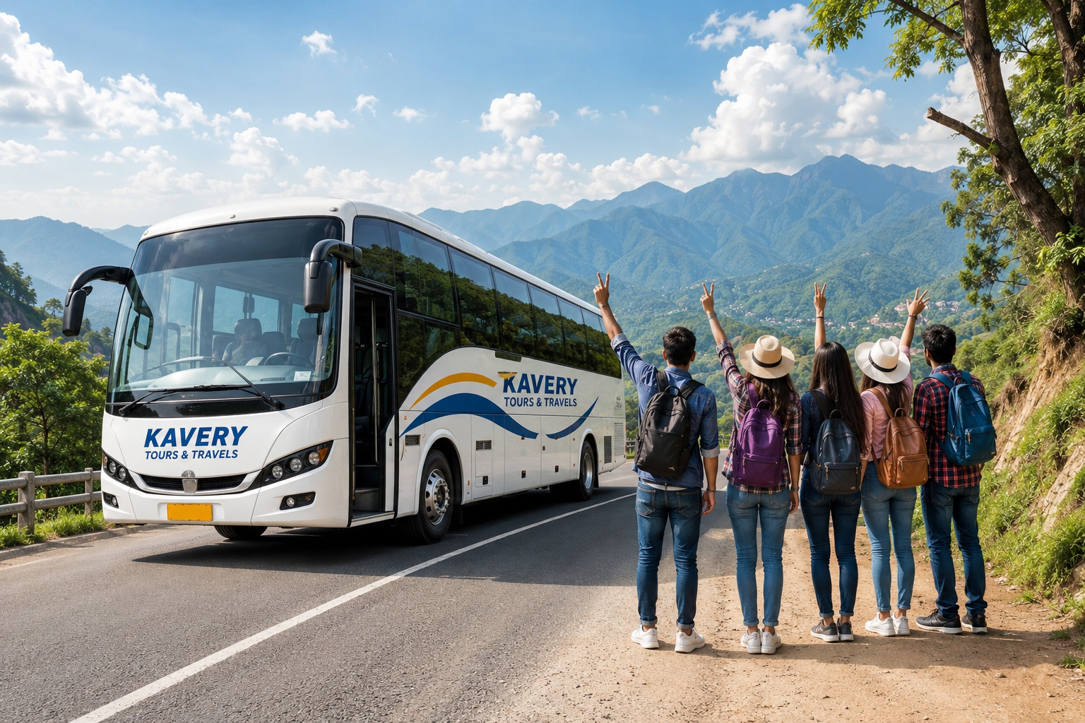 Group tour bus with travelers